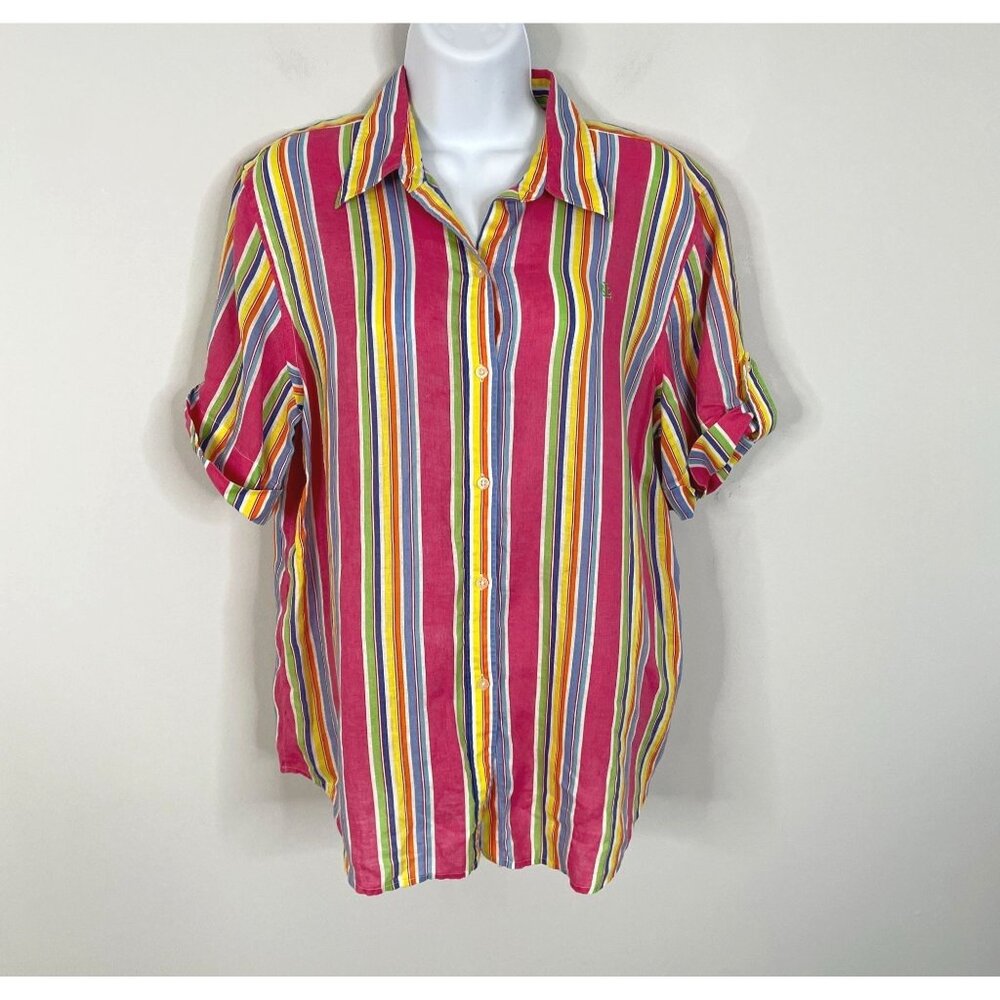 Ralph Lauren LRL Linen Beachy Top Womens Large Striped‎ Coastal Vacation Button
